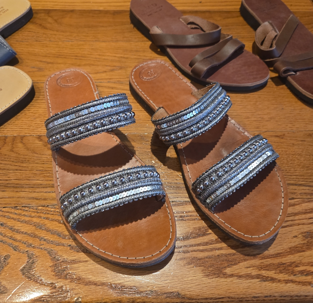 Embellished Double-Strap Slide Sandals - Silver/Gray